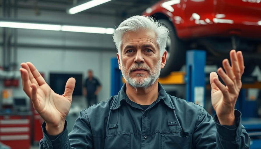 Mechanic discussing repairs in a garage, modern auto shop.