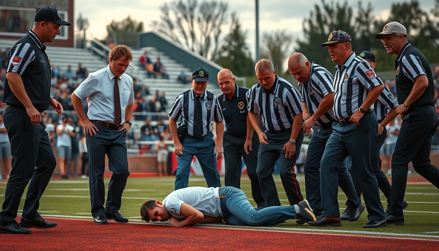 Officials assisting fallen person on sports field, hero saves fellow official's life.