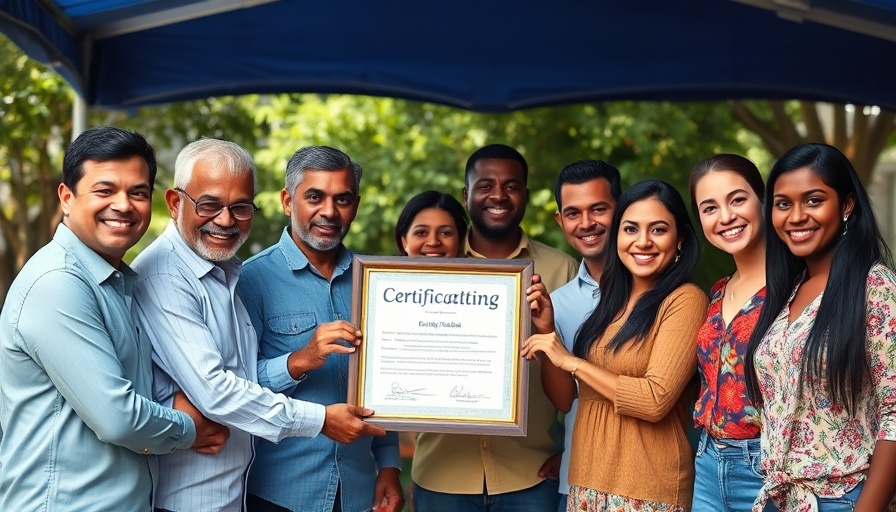 Group presenting a certificate under blue canopy, Grill Hotline Customer Service.