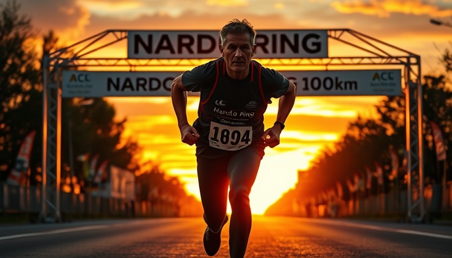 Sibusiso Kubheka 100km record athlete running at sunset under finish line.