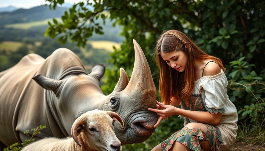 A woman feeds a rhino and sheep, showcasing wildlife rehabilitation.