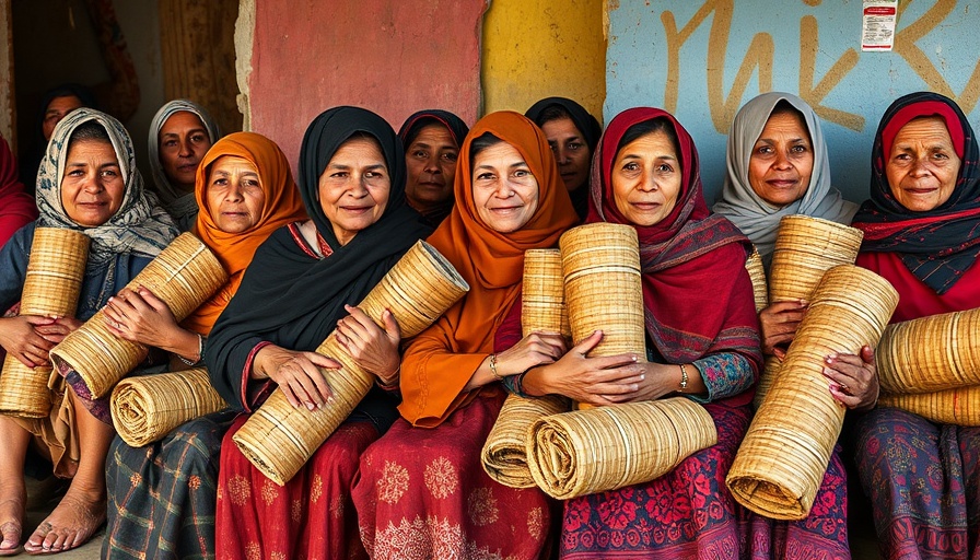 Women holding recycled sleeping mats for the homeless, community setting.