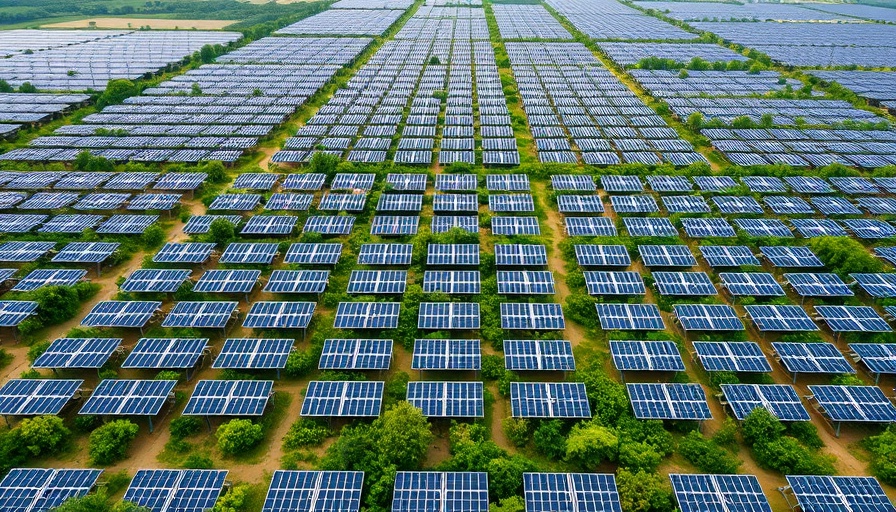 Aerial view of a large solar farm representing solar power US electricity generation.