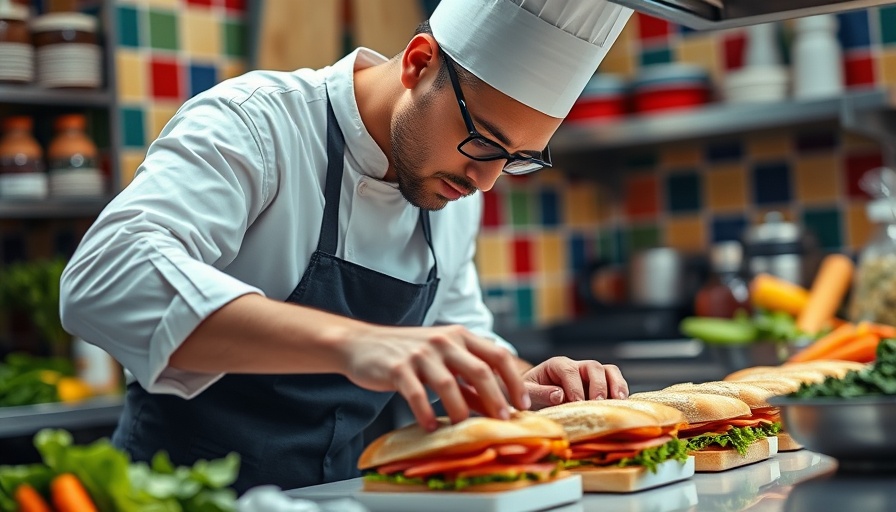 LA chef arranging fresh sandwiches in colorful kitchen