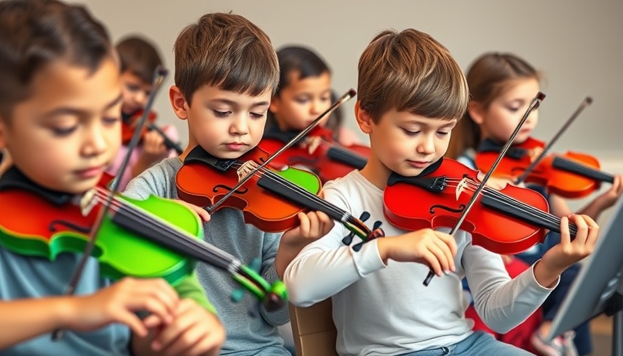 Children play 3D-printed violins in a music class setting.