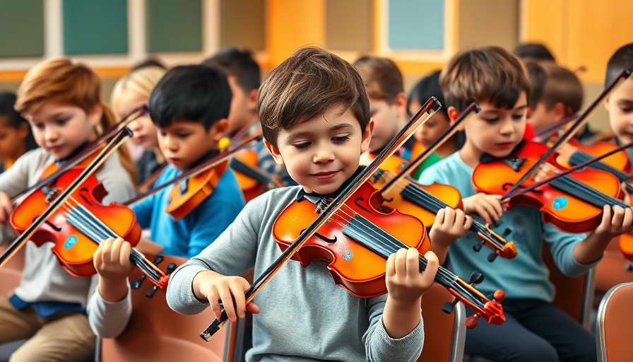 Children playing colorful 3D-printed violins in a music classroom, illustrating 3D printing in music education.
