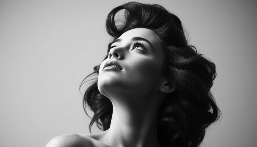 Black and white portrait of woman with voluminous hair, classic style.