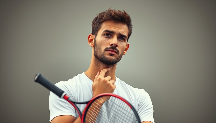 Greatest tennis player in history holding racket thoughtfully.