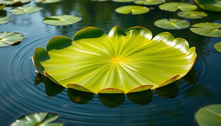 Massive waterlily pad demonstrating weight capacity on calm pond.