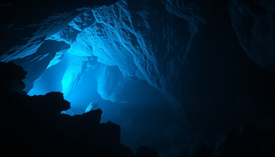 Blue-lit underwater cave exploration scene.