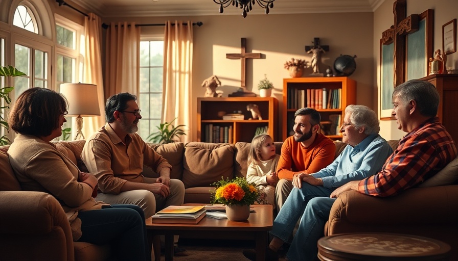 Family discussing Christian worldview in cozy living room.