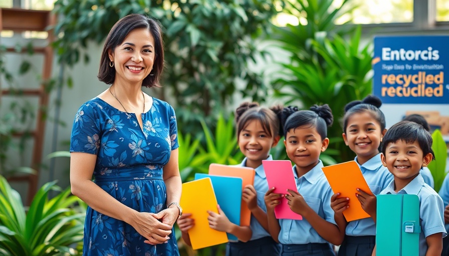 Educator with students holding recycled notebooks, Turning Waste Paper into Notebooks for Underprivileged Kids.