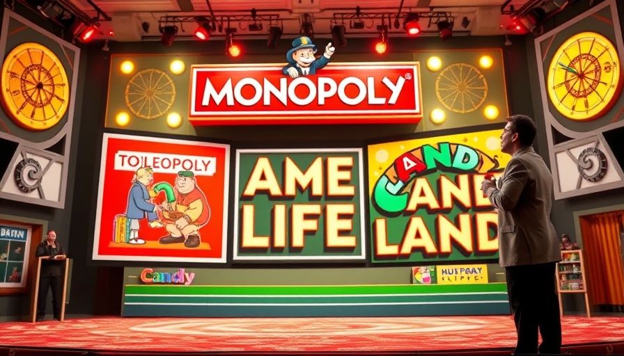 Man speaking on colorful board game-themed stage, engaging audience.