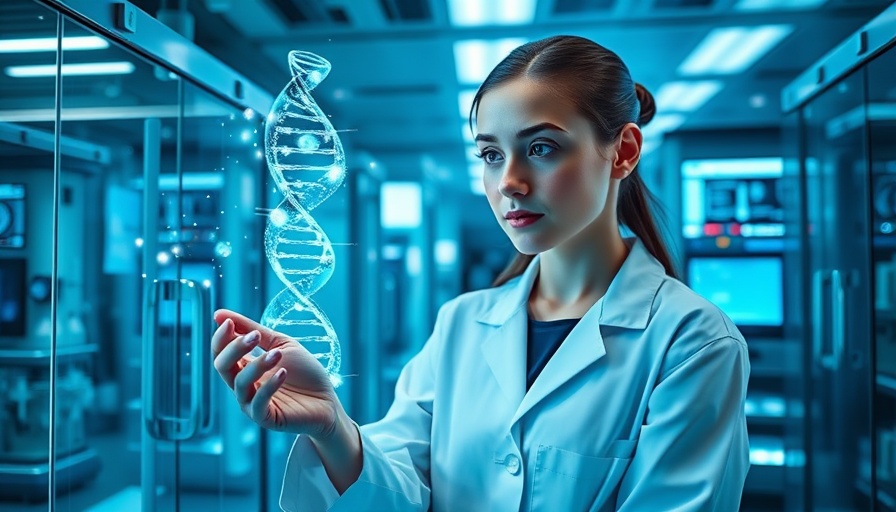 Female scientist with holographic DNA in futuristic lab.