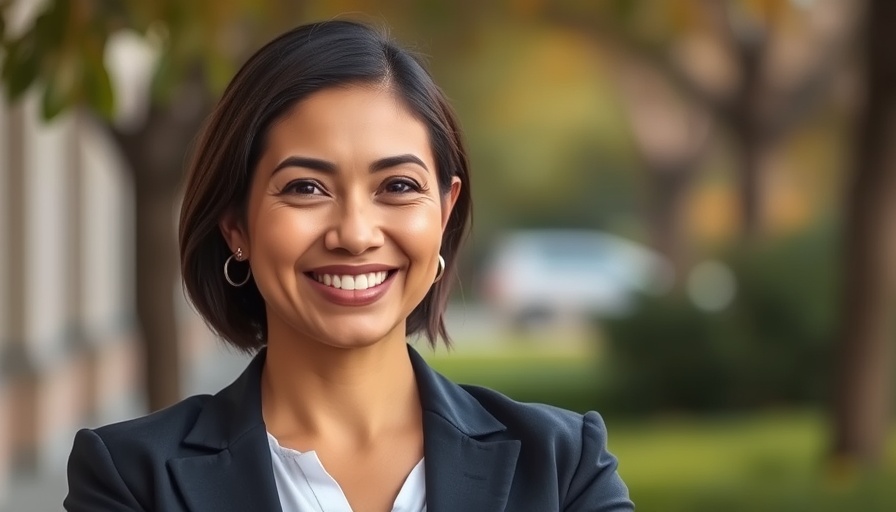 Smiling professional woman outdoors, national energy correspondent.