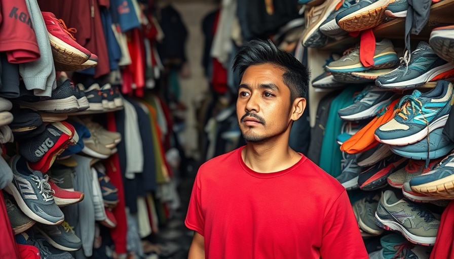 Man in cluttered store pondering running's carbon footprint.