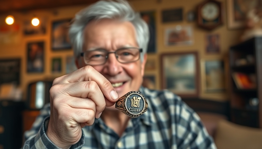 Mature adult reunited with class ring after 56 years, smiling warmly indoors.