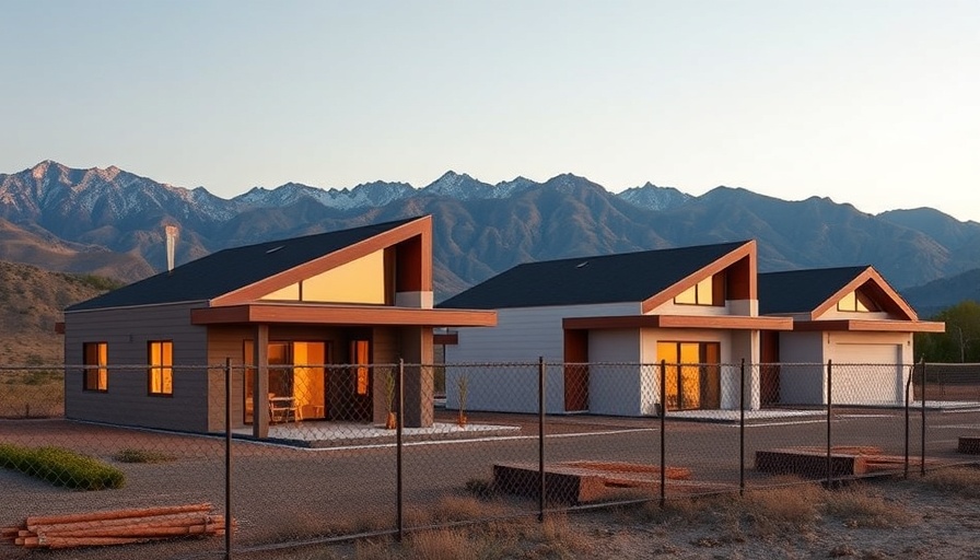 3D-printed fire-resistant homes side by side under a clear sky.