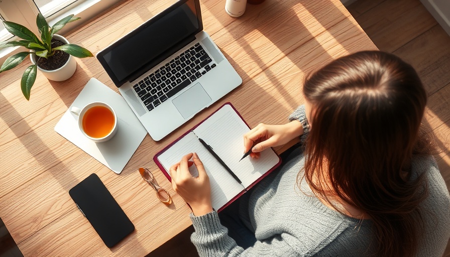 Habits of superperformers: woman writing at desk with laptop and tea.