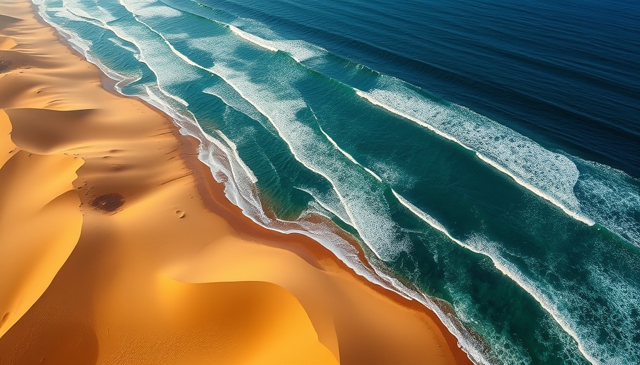 Aerial view of Skeleton Coast meeting the ocean, golden dunes.