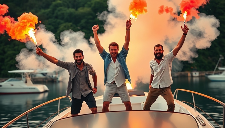 Entrepreneurs celebrating victory on a boat, holding flares, symbolizing positive business news.
