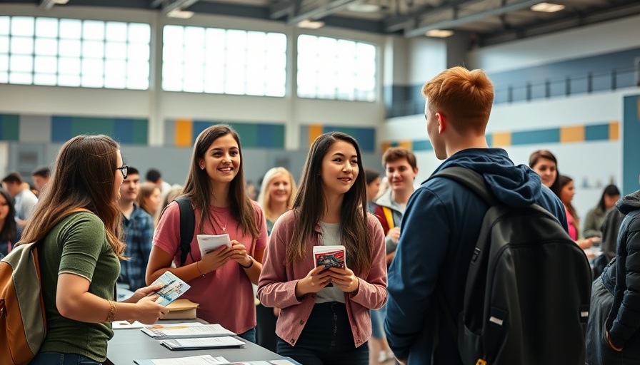 Florida Christian College Fair scene with students conversing at booths.