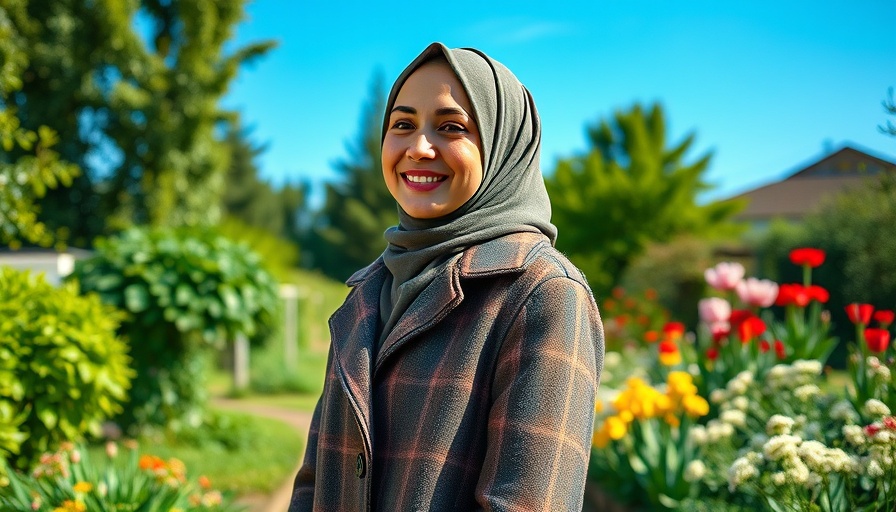 Young woman in hijab in a sunny garden, vibrant setting.