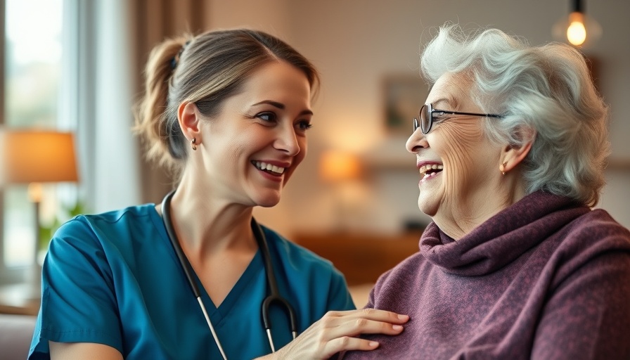Joyful nurse assisting elderly woman in warm setting, positive business news.