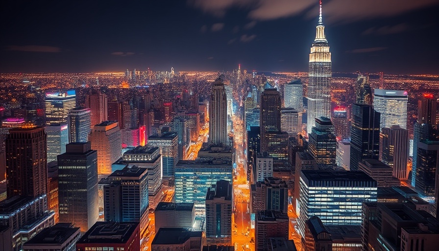 City skyline at night with bright city lights and modern architecture, osmotic power plant.
