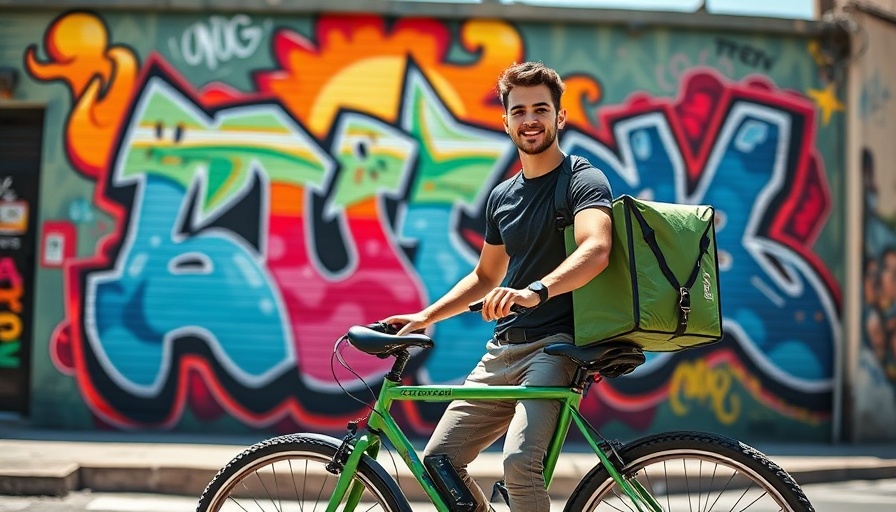Moovy Delivery cyclist standing in front of street art mural.