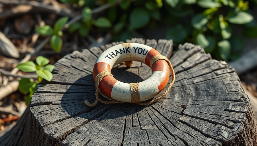 Thank you volunteers life preserver on tree stump, disaster preparedness scene.