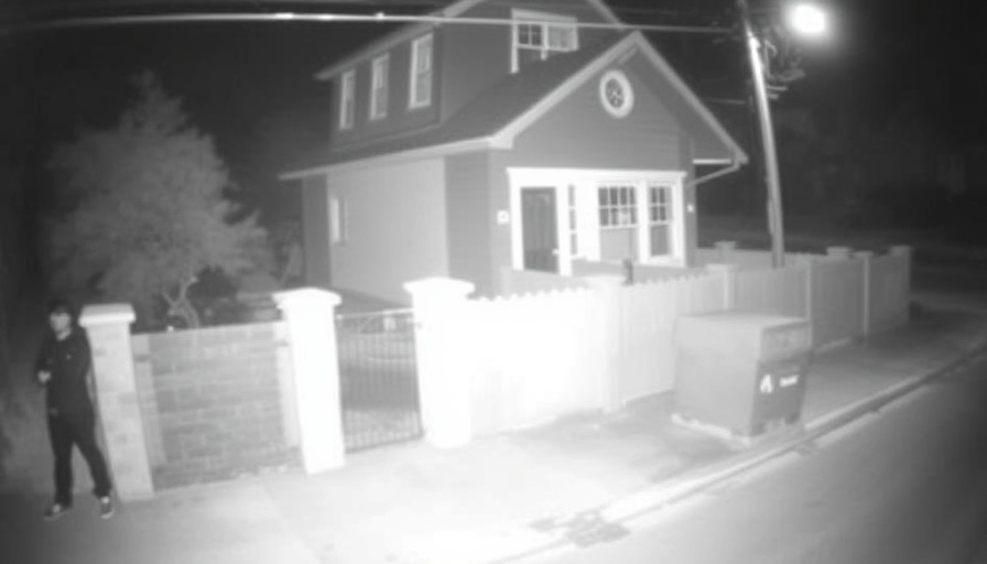 Blurry security footage at night shows person near a wall.