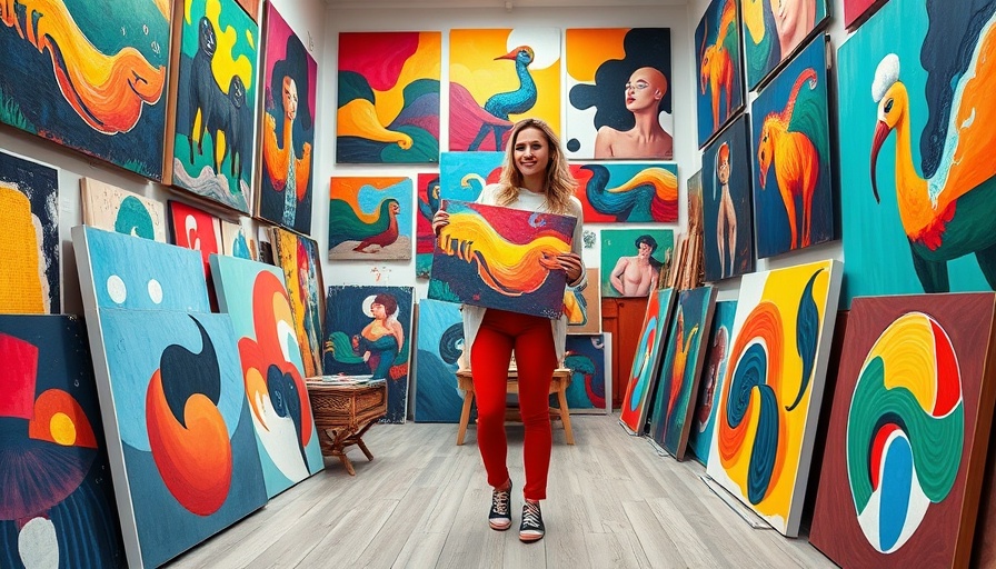 Artistic creativity in studio with vibrant paintings showing positive business news