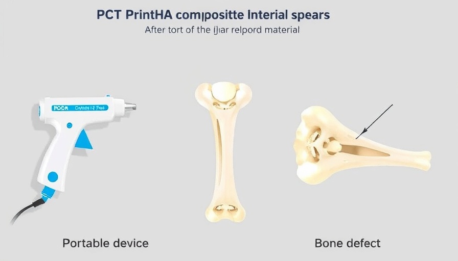 3D printing glue gun bone fracture repair illustration with labeled components.
