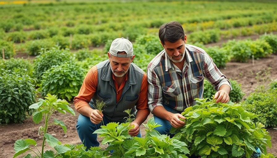 Two men gardening in a community plot for refugees, lush green background.