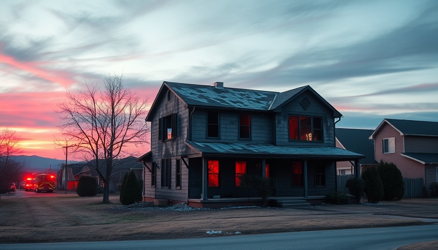 Aftermath of house fire scene at dusk, showcasing fire damage