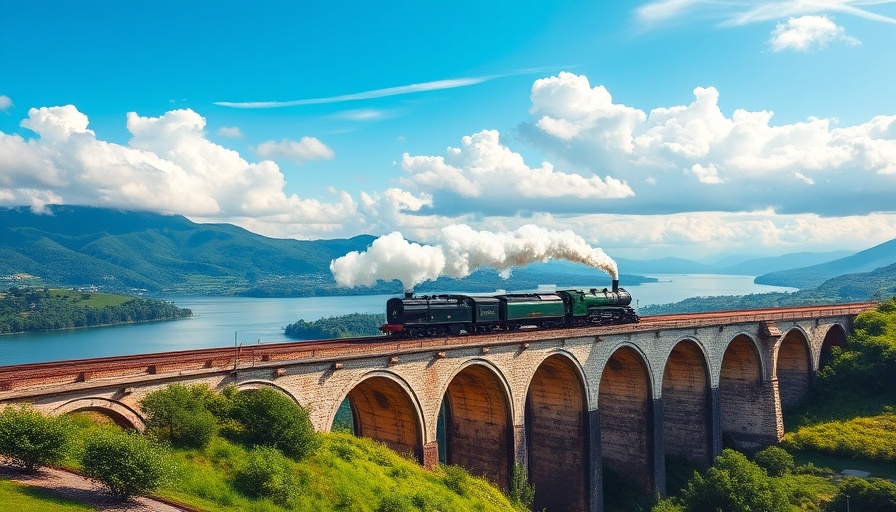 Historic train crossing viaduct amid scenic hills and lake.