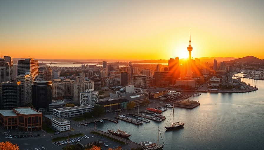Auckland skyline at sunset highlighting New Zealand population innovation opportunities.