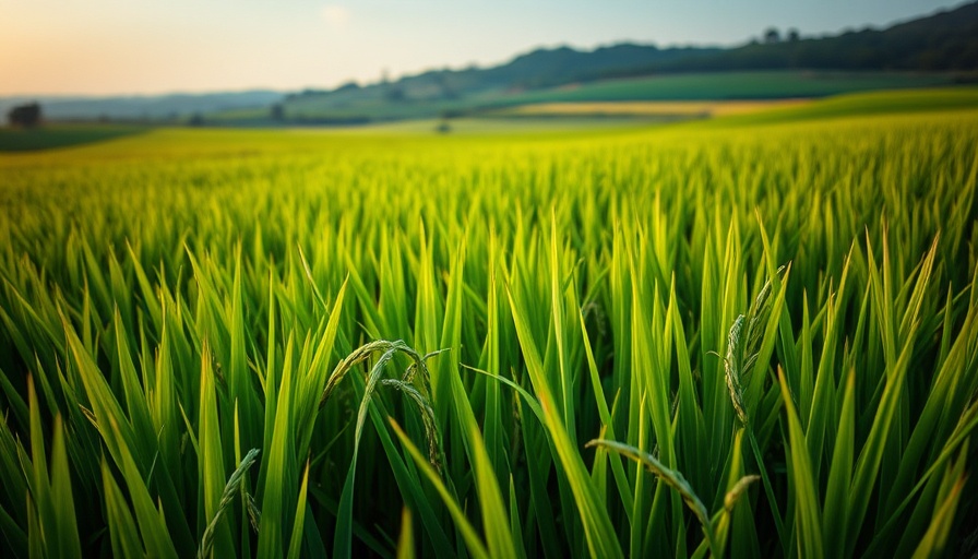 Lush rice field in evening light portrays low rice prices.