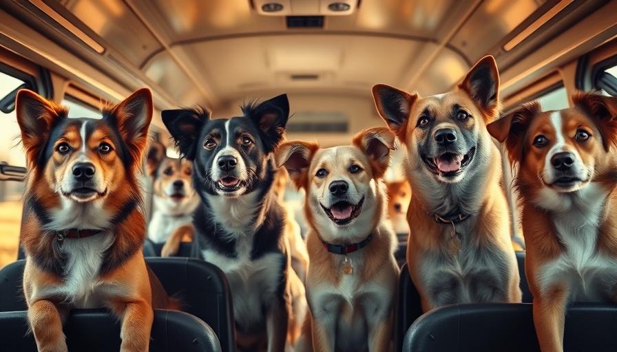 Group of dogs seated in a bus interior with warm lighting.
