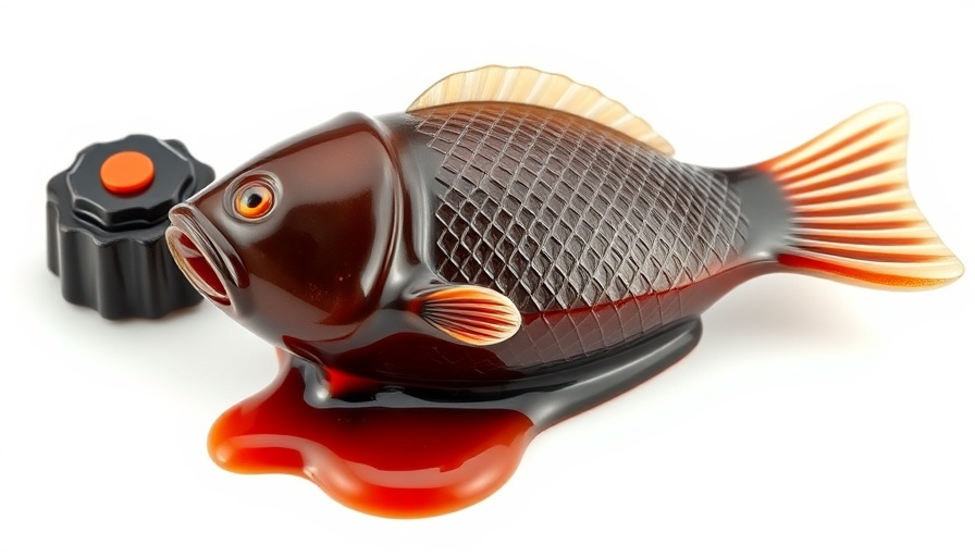 Plastic soy sauce fish with spilled sauce against white backdrop, Australia plastic soy sauce fish ban.
