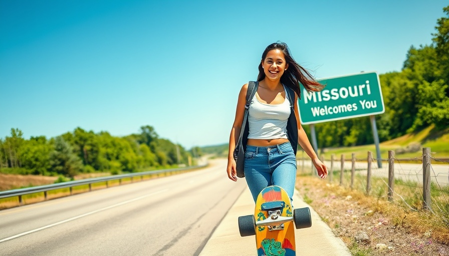 Young woman with skateboard at Missouri welcome sign on a sunny day.