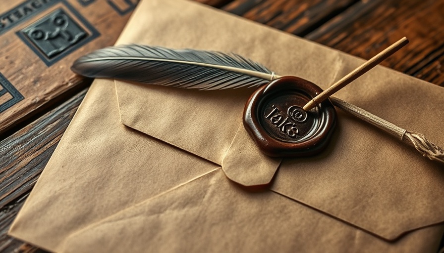 Vintage envelope with wax seal and quill on wooden table, symbolizing authenticity.