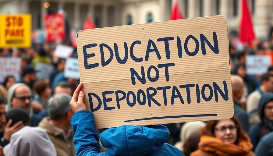 Protest sign advocating for education over deportation at rally for immigrant rights.