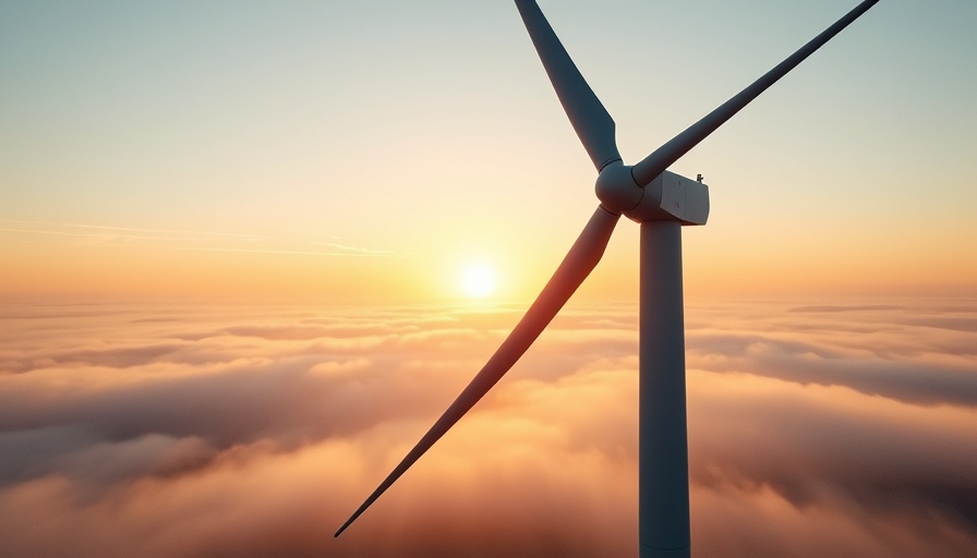 Wind turbine close-up during sunrise over foggy landscape.