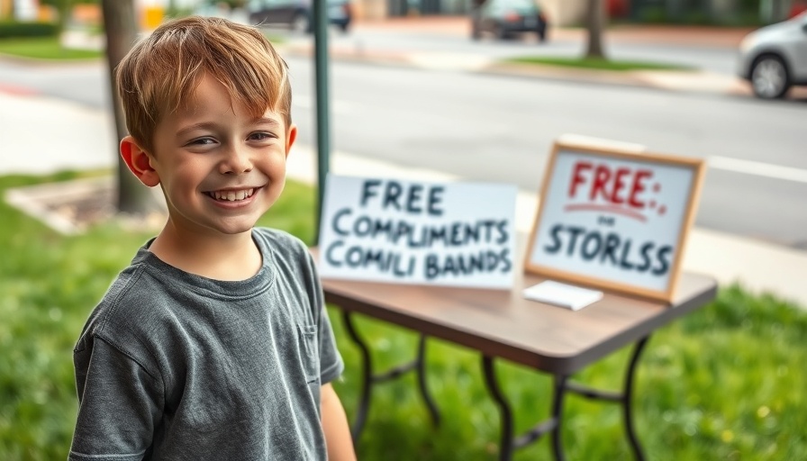 Young boy at a free compliments stand, Community Engagement scene.