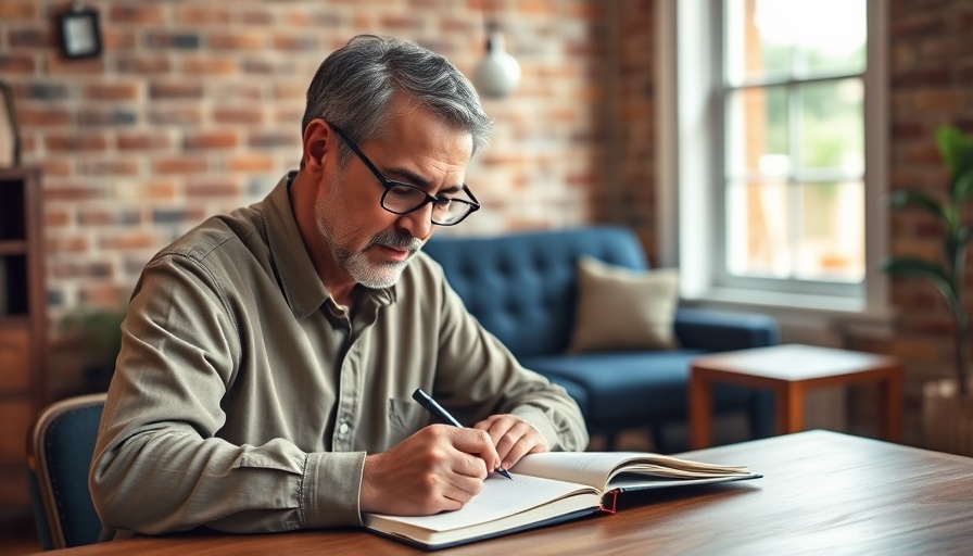 Mature man writing intently at desk, positive business news, cozy room.