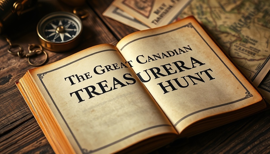 Open treasure hunt book and compass on wooden table.