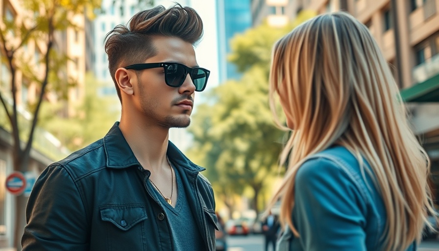 Stylish man glancing at a woman in an urban setting.
