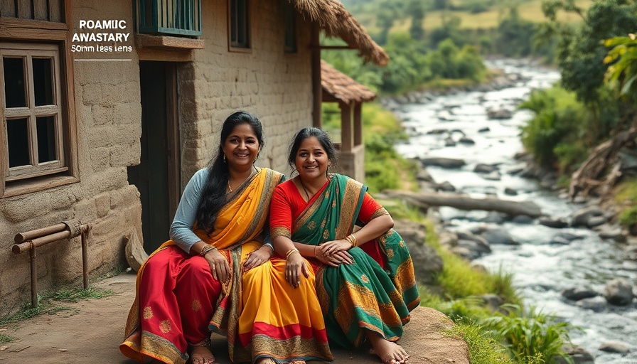 Family by a rustic home in Raigad with lush greenery and river.